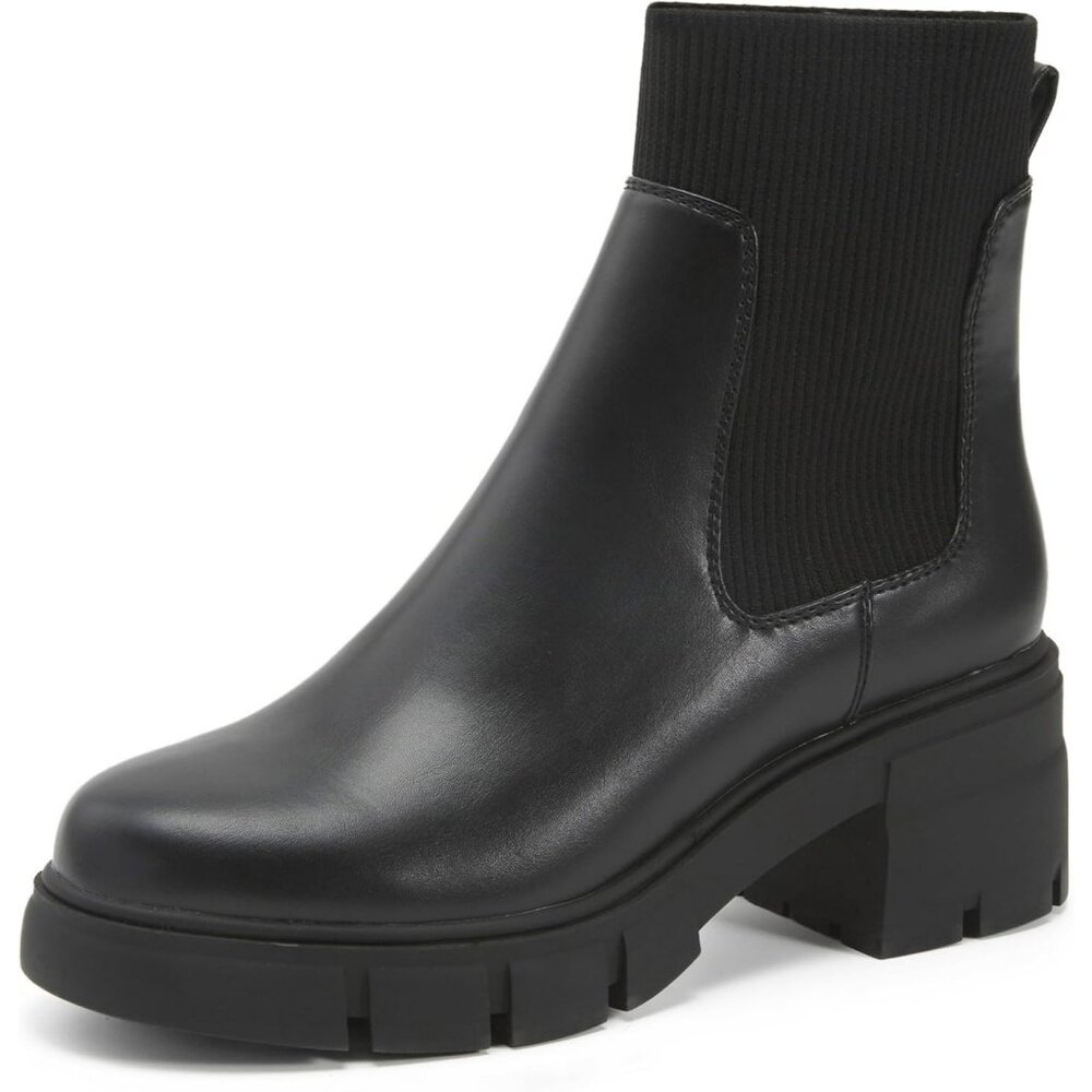 Redtop Women Black Polyurethane Elastic Chunky Block Heel Platform Chelsea Boot